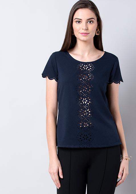 Buy Women Navy Laser Cut Front Top - Trends Online India - FabAlley