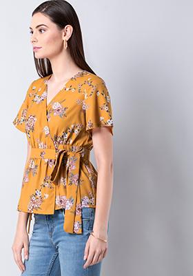 Yellow Floral Belted Top