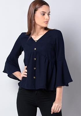 Navy Buttoned Bell Sleeves Top