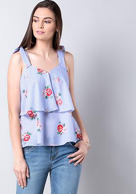 Blue Striped Floral Tie Up Strap Ruffled Cami Top