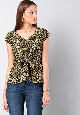 Brown Leopard Print Knotted Top