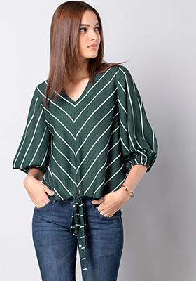 Green Chevron Knotted Top