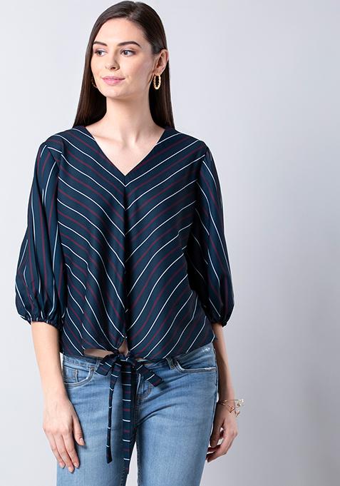 Navy Chevron Knotted Top