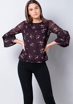 Wine Ditsy Floral Bell Sleeve Top