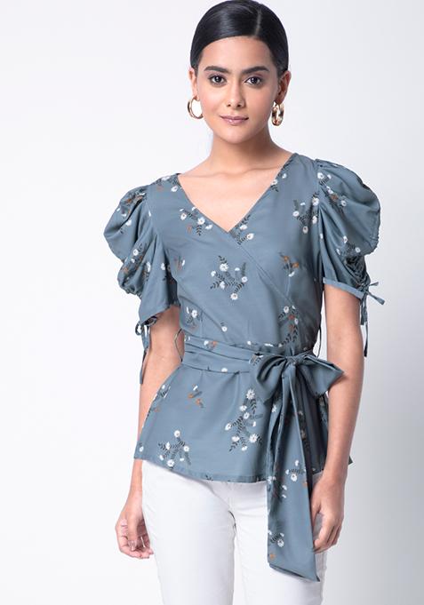 Grey Floral Ruched Sleeve Wrap Top 