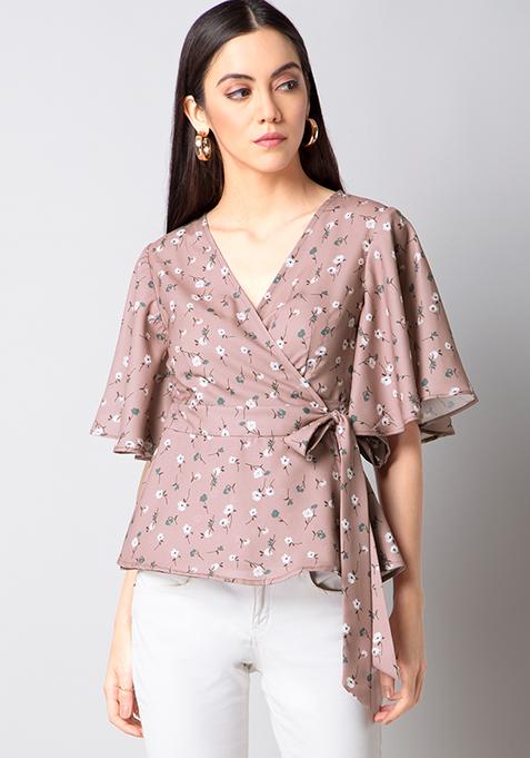 Buy Women Pink Ditsy Floral Wrap Top - Work From Home Collection Online ...