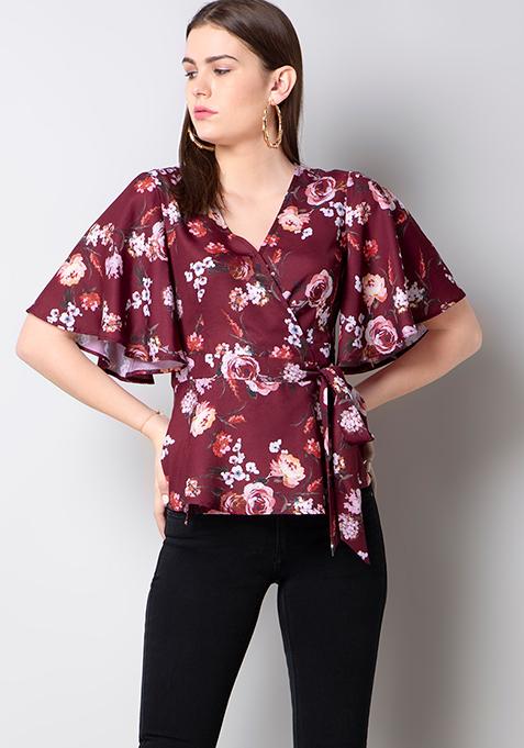 Maroon Floral Wrap Top 