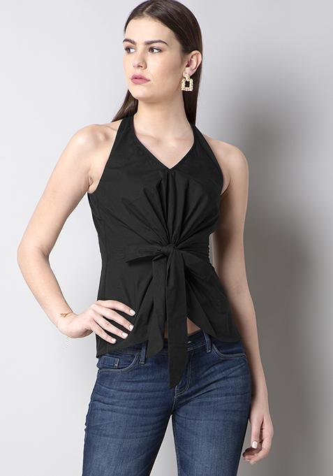 Black Halter Neck Tie Up Top