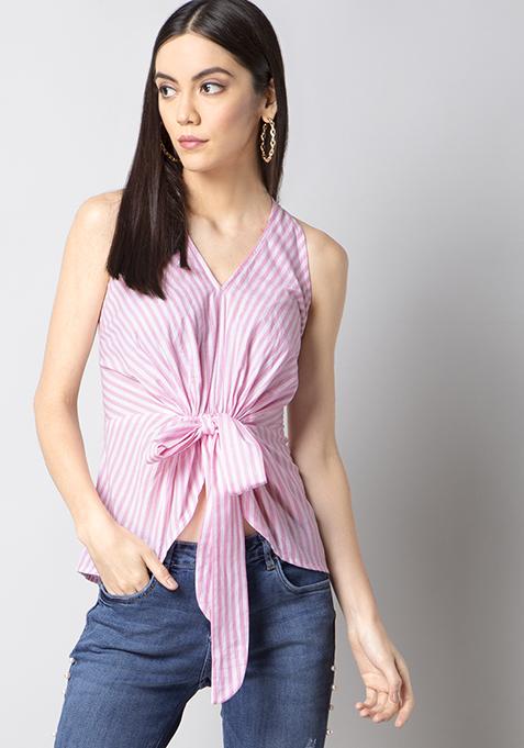 Pink Striped Halter Neck Tie Up Top