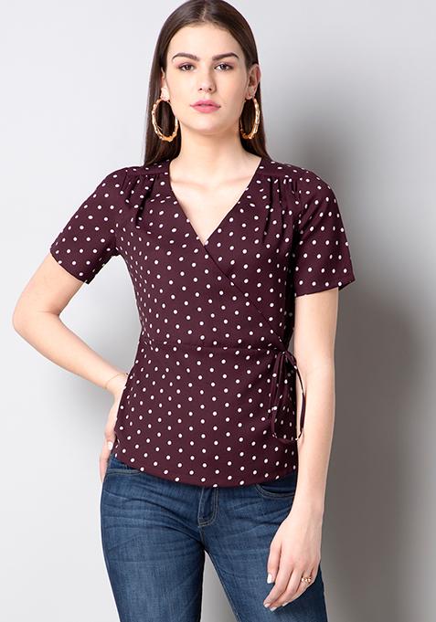 Buy Women Wine Small Polka Wrap Top - Wrap Tops Online India - FabAlley