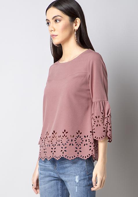 Buy Women Pink Laser Cut Bell Sleeves Top - Blouses Online India - FabAlley
