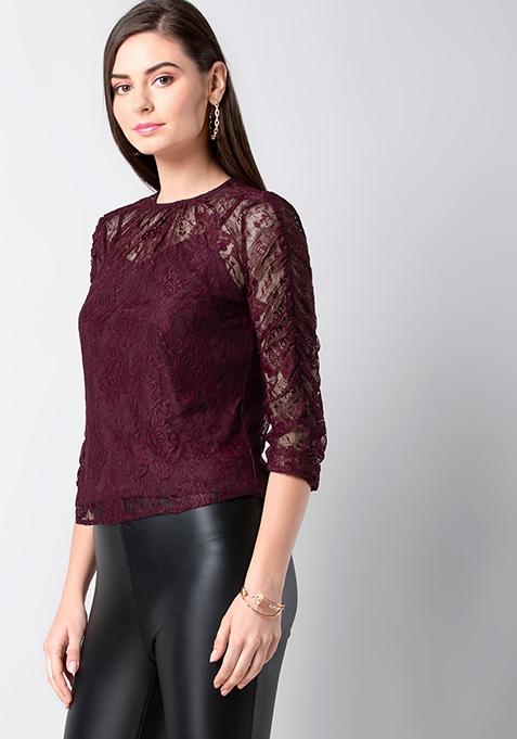 Buy Women Maroon Floral Lace Top - Trends Online India - FabAlley