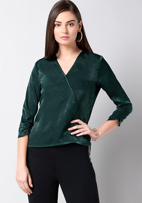 Buy Women Green Ruched Sleeve Satin Wrap Top - Party Wear Online India ...