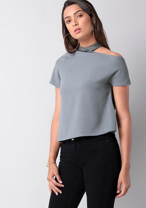 Grey Embellished Drop Shoulder Top 