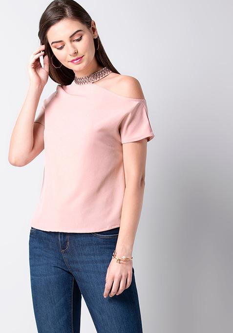 Pink Embellished Drop Shoulder Top 