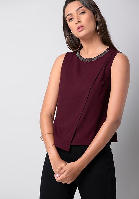 Wine Embellished Asymmetric Top