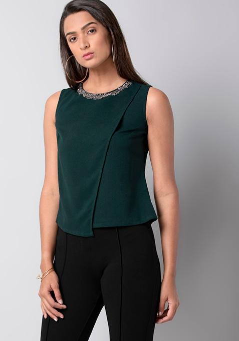 Green Embellished Asymmetric Top