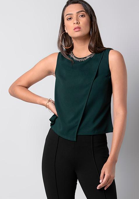 Buy Women Green Embellished Asymmetric Top Party Wear Online India