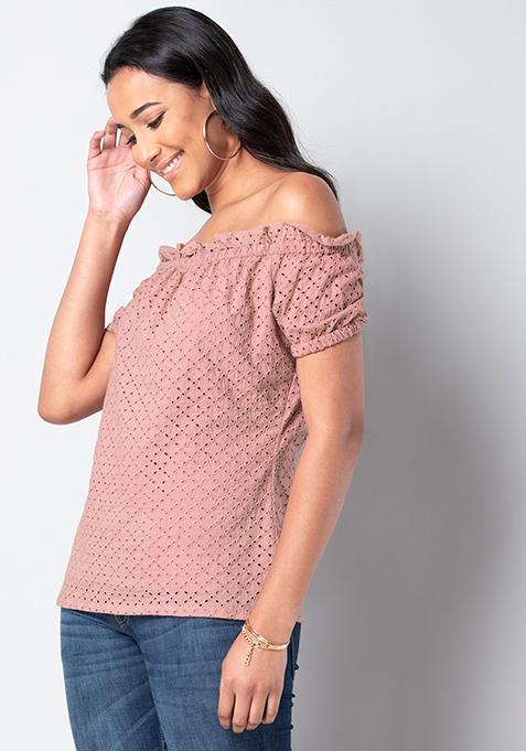 Pink Schiffli Off Shoulder Top  