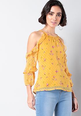 Yellow Floral Ruffled Cold Shoulder Top  