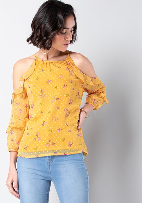 Buy Women Yellow Floral Ruffled Cold Shoulder Top - Beach Wear Online ...