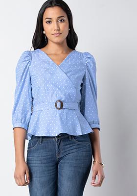 Blue Chambray Polka Puff Sleeve Belted Top 