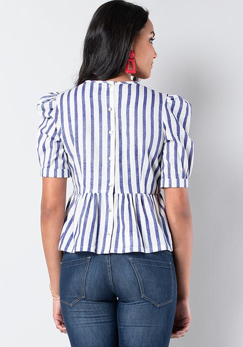 westchic combo of women navy striped casual pant & white off shoulder top