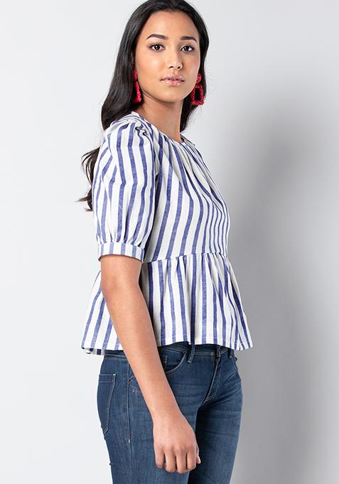 westchic combo of women navy striped casual pant & white off shoulder top