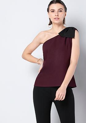 Wine Bow One Shoulder Top 
