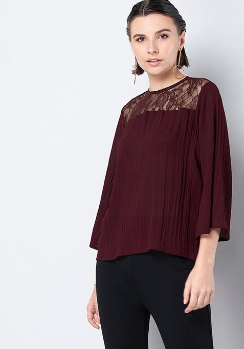 Wine Lace Shoulder Blouse 