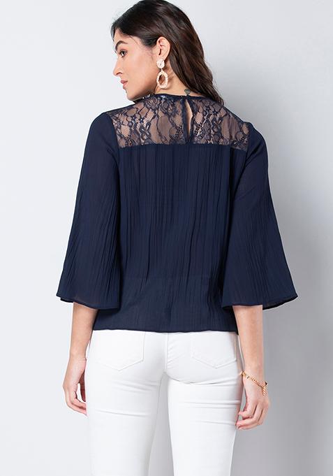 Buy Women Navy Lace Yoke Pleated Blouse - Trends Online India - FabAlley