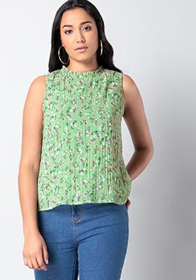 Green Floral Crushed Frill Neck Blouse 