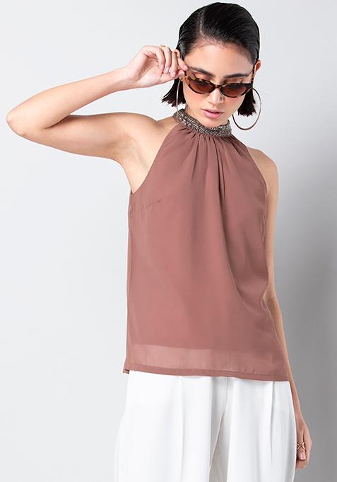 Dusty Pink Embellished Halter Top