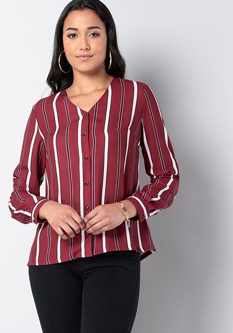 Maroon Striped V Neck Shirt 