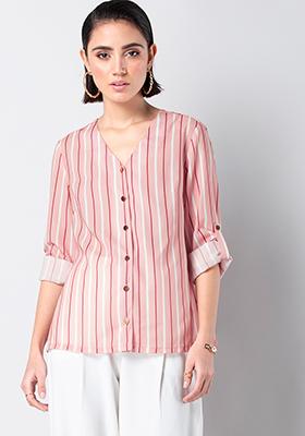 Peach Striped V Neck Shirt