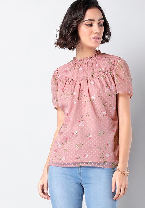 Pink Floral Frilled Neck Blouse 