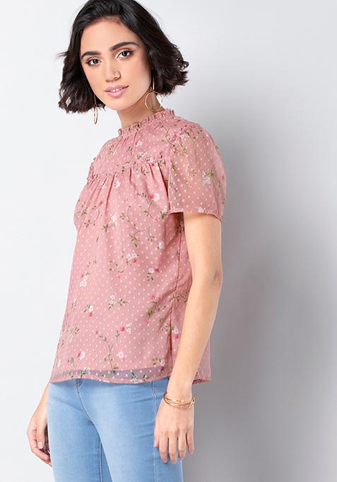 Buy Women Pink Floral Frilled Neck Blouse - Beach Wear Online India ...