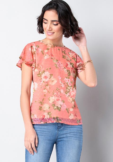 Buy Women Coral Floral Flared Sleeve Blouse - Blouses Online India ...