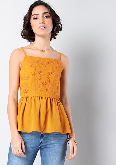 Mustard Embroidered Spaghetti Top 