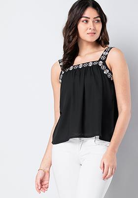 Black Embroidered Strappy Tank Top 