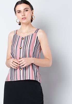 Pink Striped Buttoned Strappy Top 