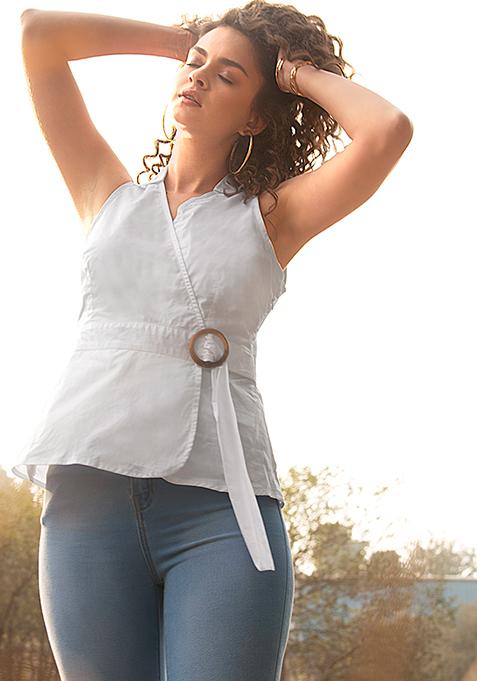 White Belted Halter Wrap Top  