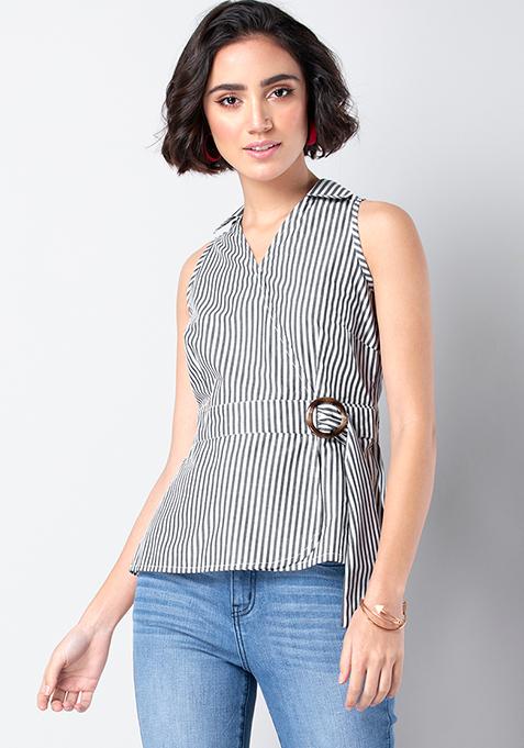 Navy Stripe Belted Halter Wrap Top 