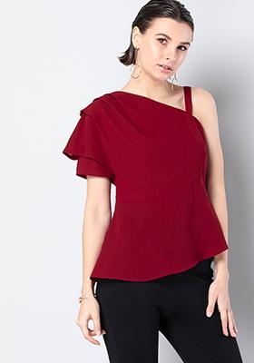 Maroon Strappy One Shoulder Blouse 