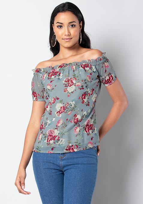 Buy Women Grey Floral Ruffled Off Shoulder Top - Beach Wear Online ...