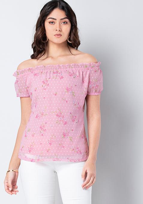 Pink Ditsy Floral Bardot Top 