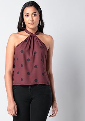 Wine Polka Knotted Halter Top 