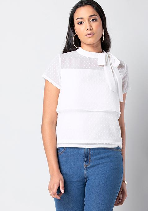 White Swiss Dot Tie Neck Tiered Top 