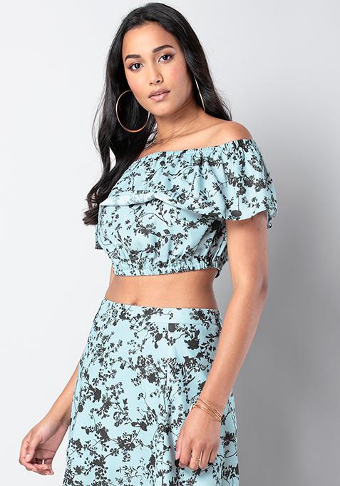 Blue Floral Bardot Crop Top 