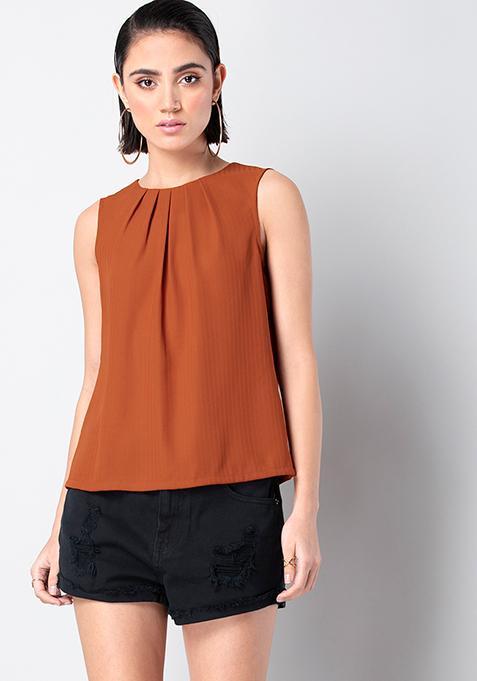 Buy Women Classics Rust Pleated Sleeveless Blouse - Trends Online India ...